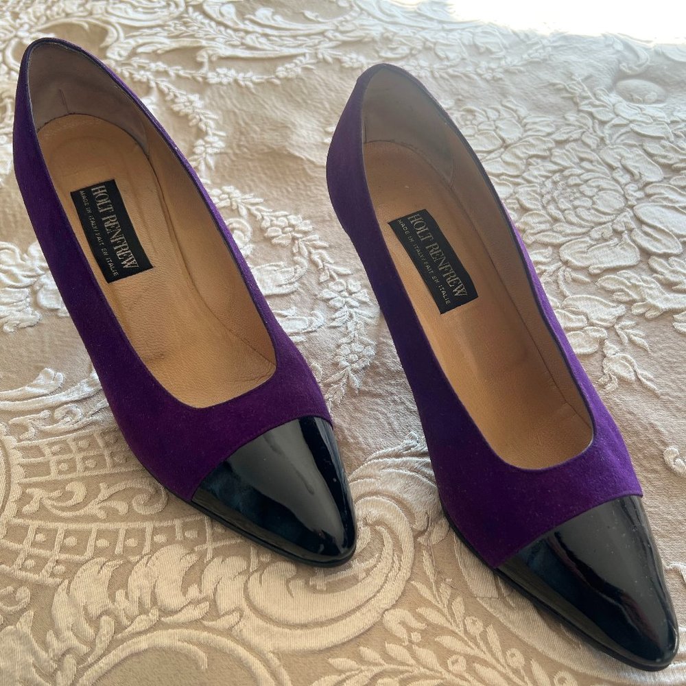 Holt Renfrew Brand Italian Made Suede Purple & Black Women's 2.75"  Pump Shoes